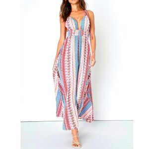 Lulu's Sold Out Maxin' Relaxin' Multi Print Sleeveless Tie-Strap Maxi Dress M